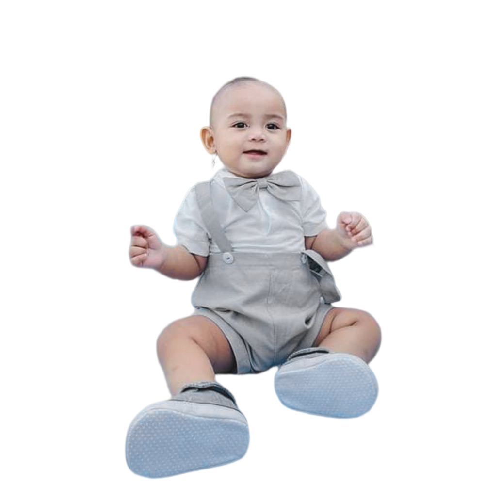【2PCS】 6-24M Baby Boy Formal Outfit | White Short Sleeve Shirt + Gray Suspender Shorts with Bow Tie | Wedding Party Gentleman Wear