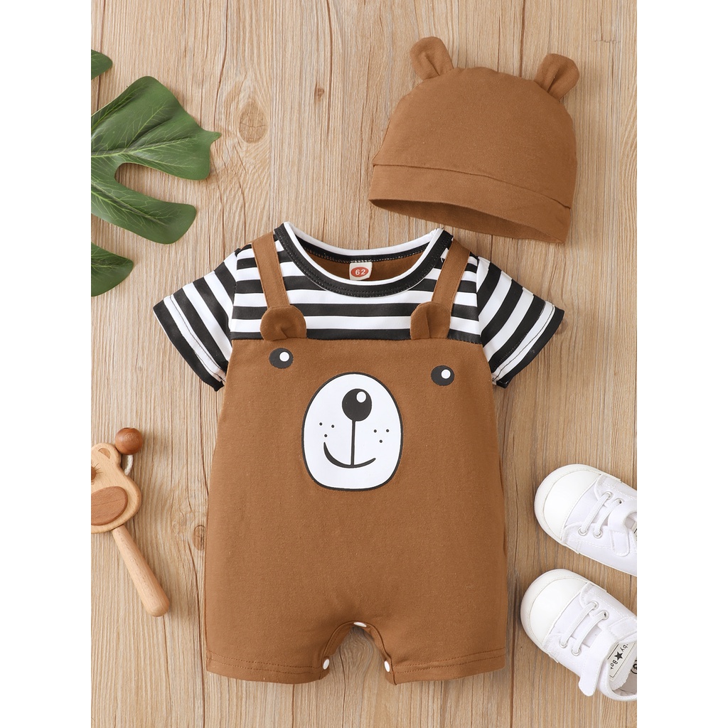 【2PCS】 0-18M Baby Boy Set | Brown Bear Print Romper + Matching Bear Ear Hat | Cute Summer Outfit