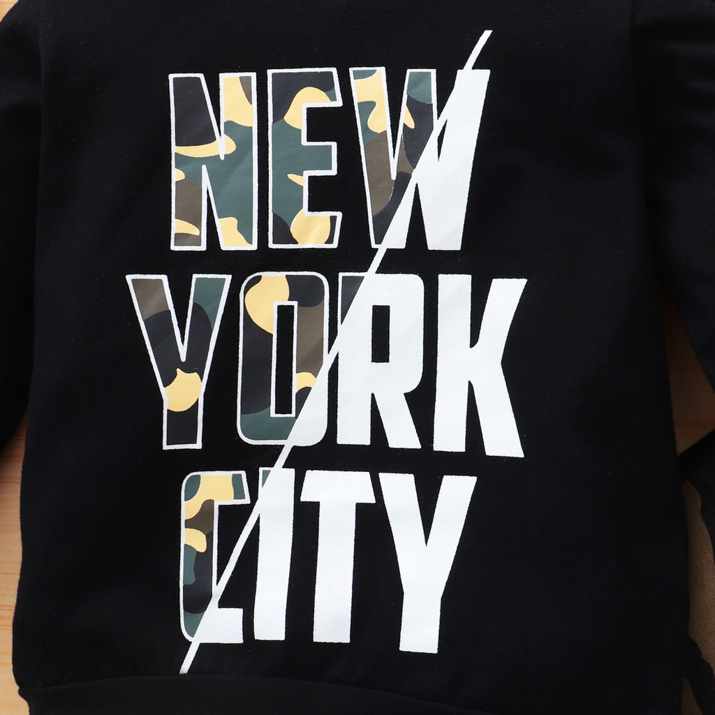 【2PCS】 18M-5Y Baby Boy Casual Set | "NEW YORK CITY" Print Hoodie + Camouflage Pants | Trendy Fall/Winter Outfit