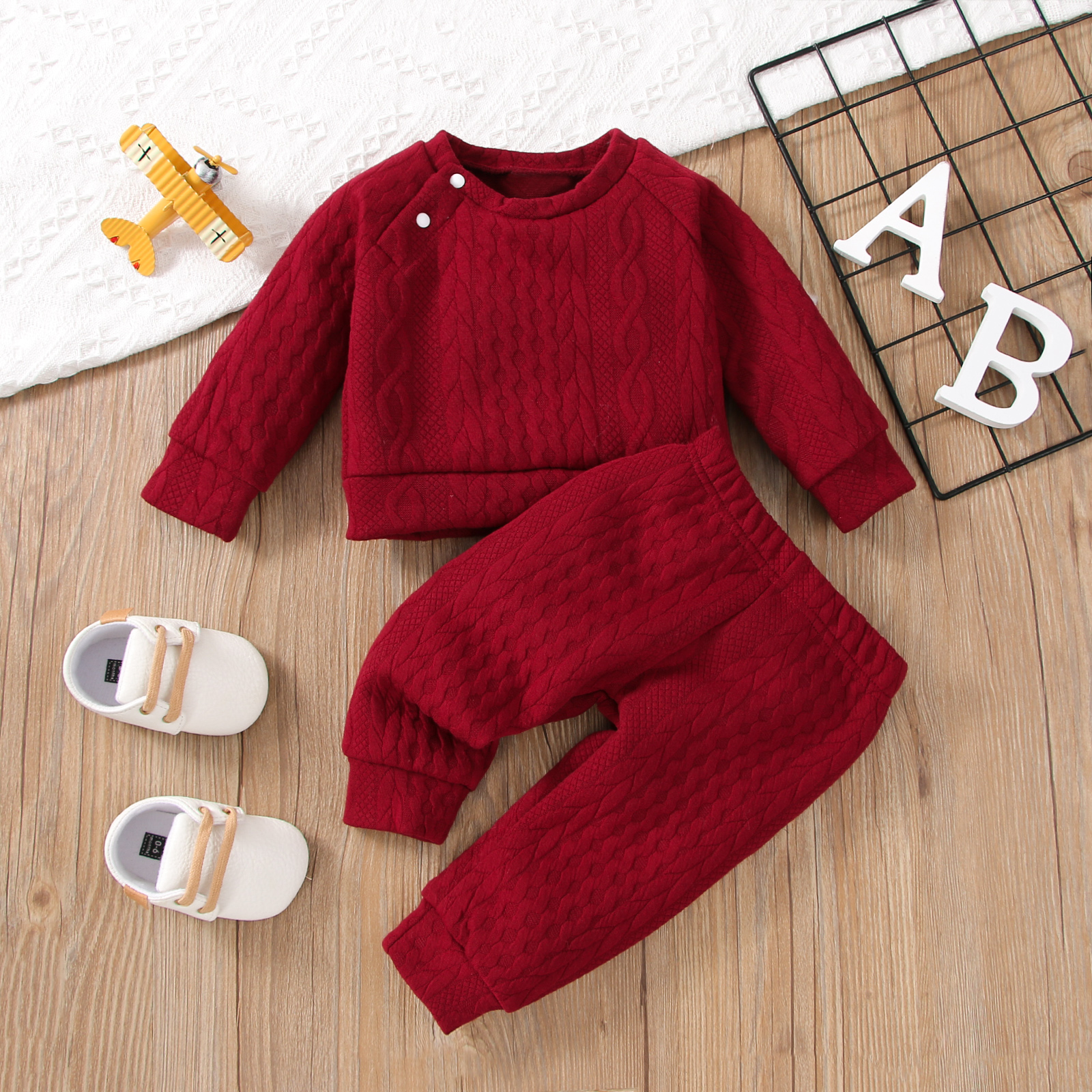【2PCS】 0-3Y Toddler Baby Clothes Set | Red Cable Knit Sweatshirt + Matching Pants | Warm Casual Wear