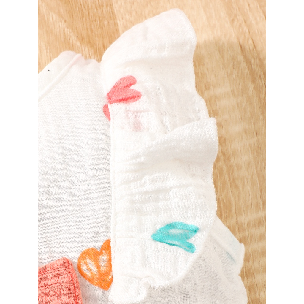 【2PCS】 0-9M Baby Girl Set | Heart Print Ruffle Dress with Bow + Matching Coral Sun Hat | Cute Summer Outfit