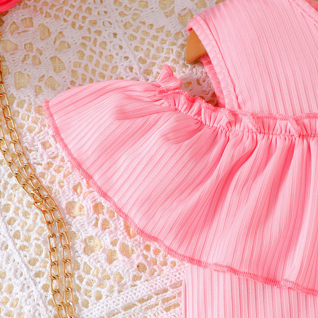 【2PCS】 4-7Y Toddler Girl Outfit | Pink Off-Shoulder Ruffle Top + Colorful Heart Print Skirt | Sweet Casual Wear