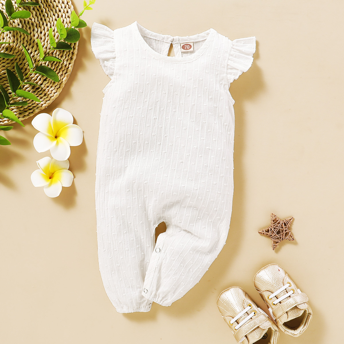 【3-18M】 Baby Girl Romper | White Textured Sleeveless Jumpsuit with Ruffle Sleeves | Soft Newborn Outfit