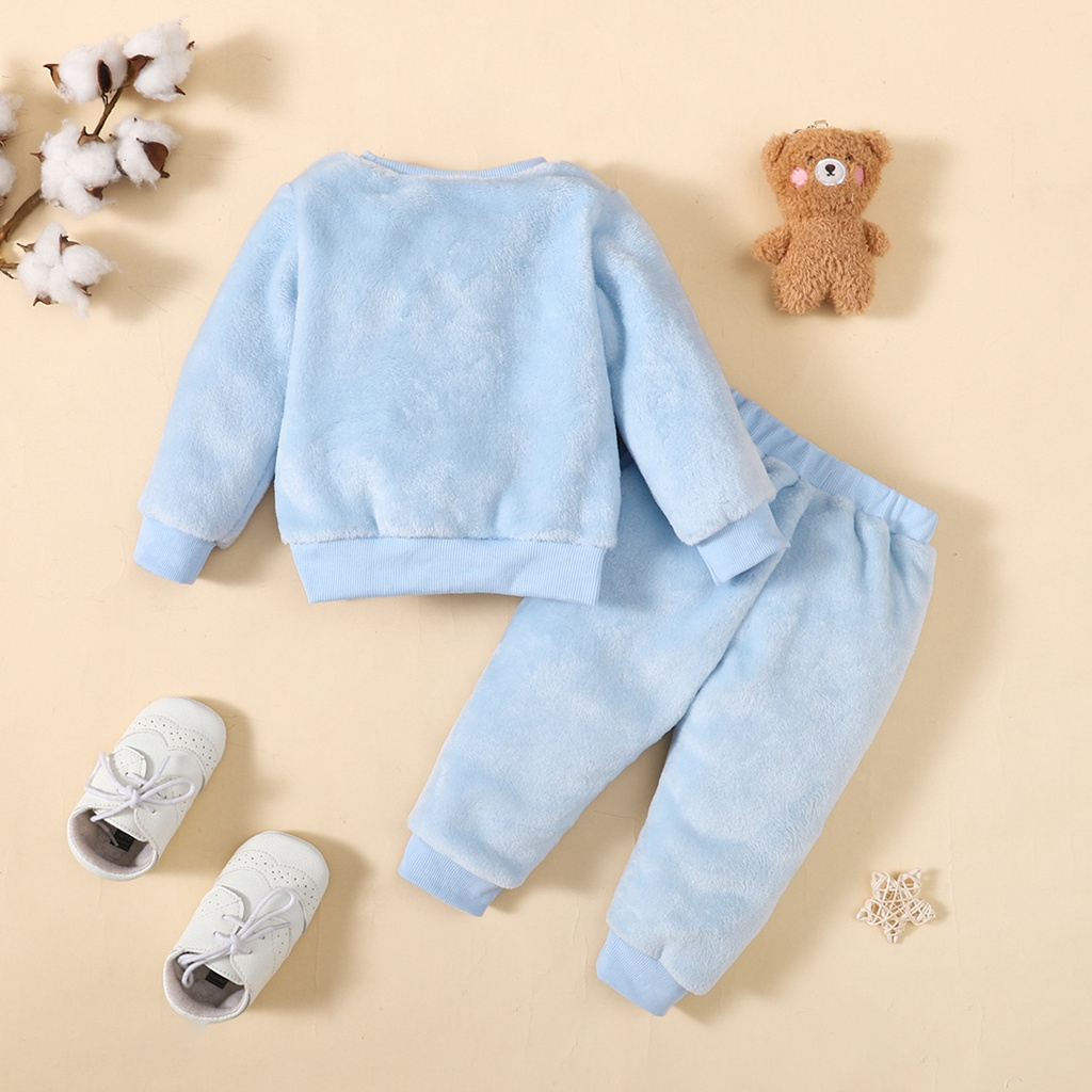 【6M-3Y】 2PCS Toddler Fleece Outfit: Bear Face Embroidered Crewneck Sweatshirt + Paw Print Pants – Cozy Casual Winter Set