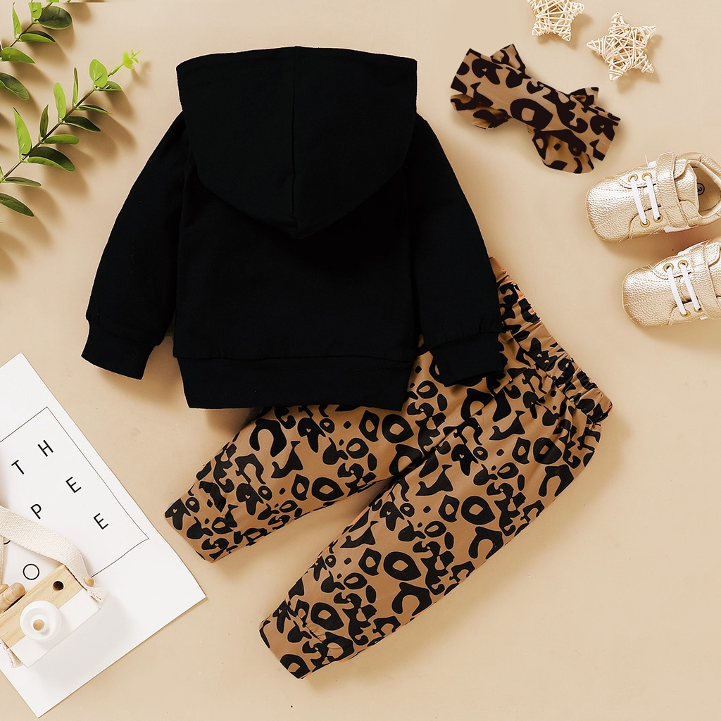 【3-24M】 Toddler Girl Trendy 3PCS Set | Black Hoodie with Leopard Print Pocket + Leopard Pants + Bow Headband | Fashion Daily Wear