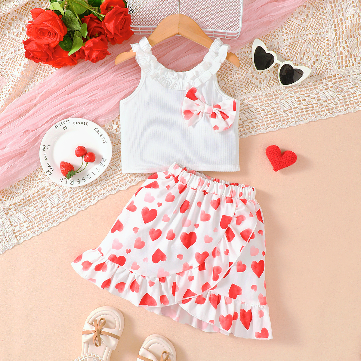 【2PCS】 4-7Y Toddler Girl Summer Set | White Ruffle Neck Tank Top + Red Heart Print Skirt with Bow | Cute Heart Outfit