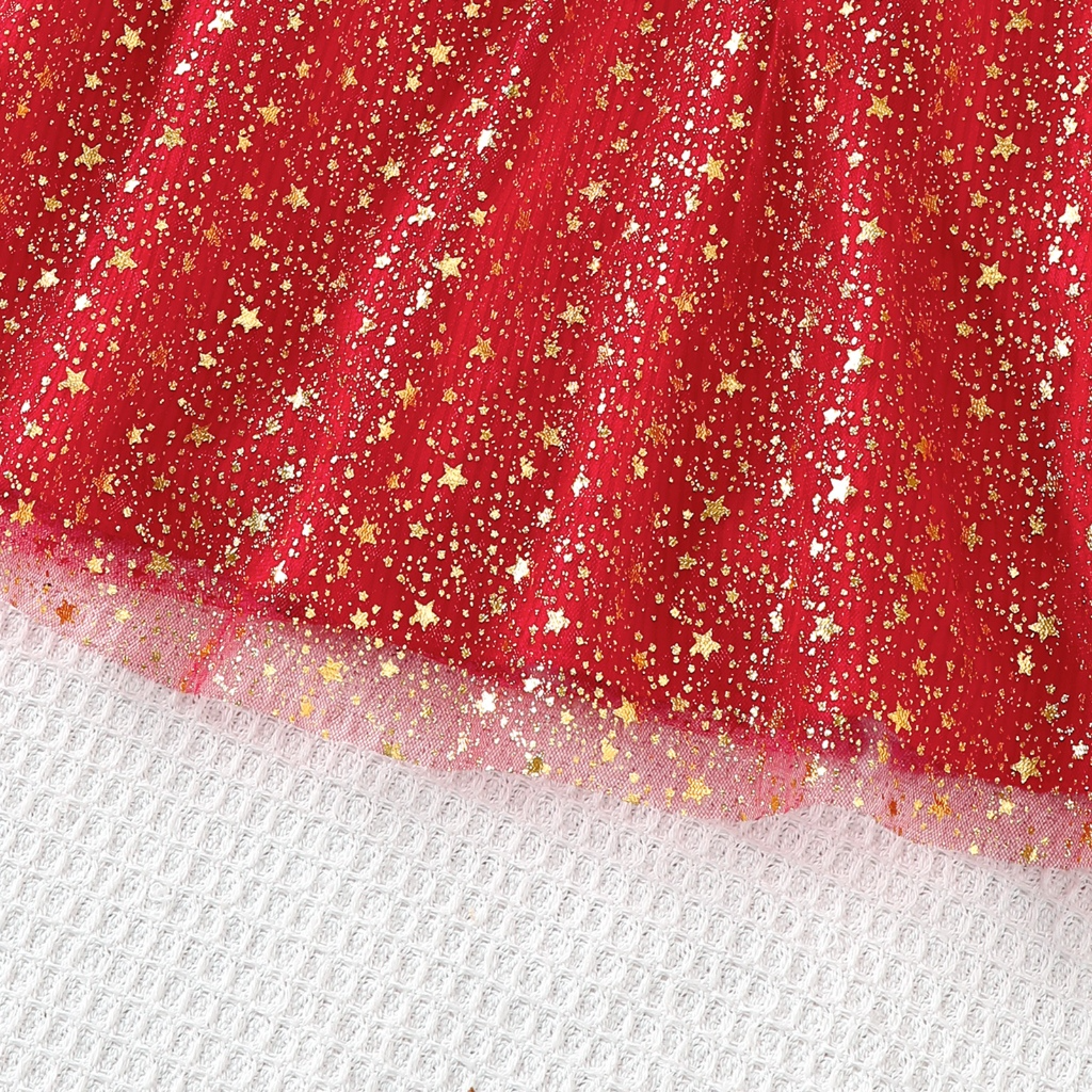【2-6Y】 Toddler Girl Christmas Dress | Red Ribbed Long Sleeve Dress with Glitter Star Tulle Skirt | Festive Holiday Outfit