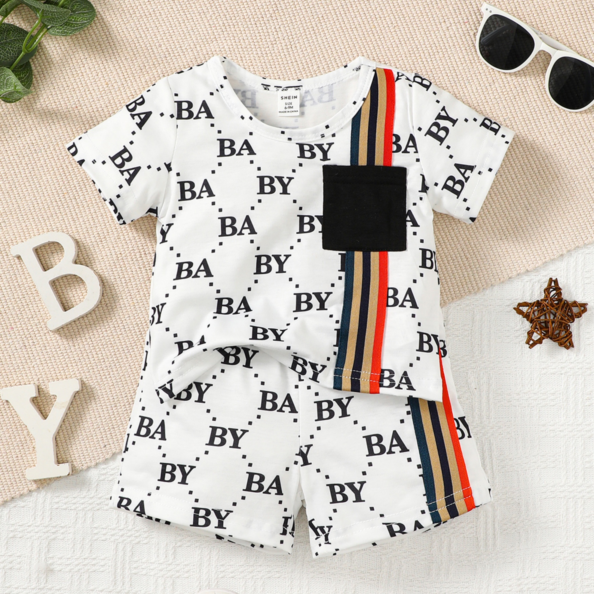 【2PCS】 6M-3Y Baby Boy Set | Letter Print T-Shirt with Colorful Stripes + Matching Shorts | Stylish Casual Wear