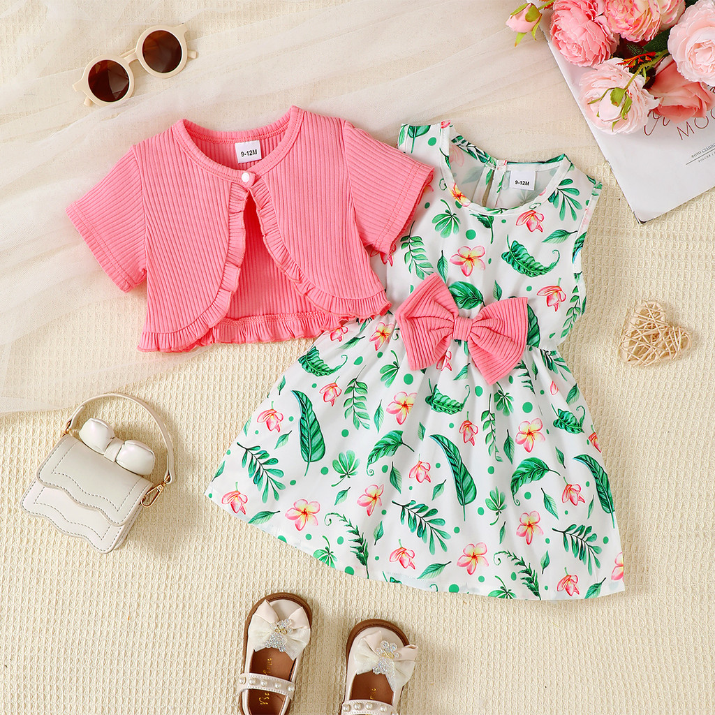 【2PCS】 6M-3Y Baby Girl Outfit | Pink Ribbed Cardigan + Tropical Floral Print Dress with Bow | Sweet Summer Set