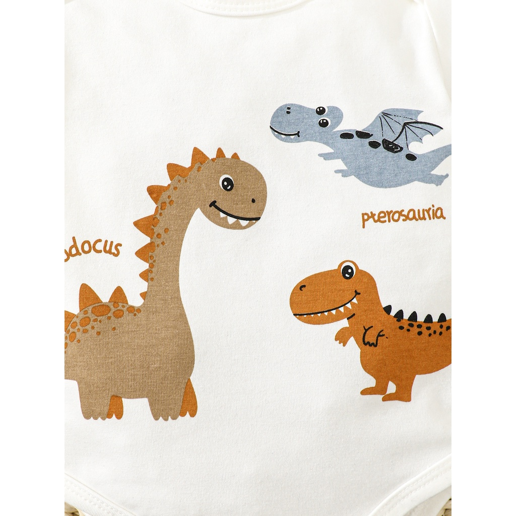 【0-6M】 2PCS Newborn Baby Outfit: Dinosaur Print Short-Sleeve Bodysuit + Ear Hat – Cute Summer Daily Set