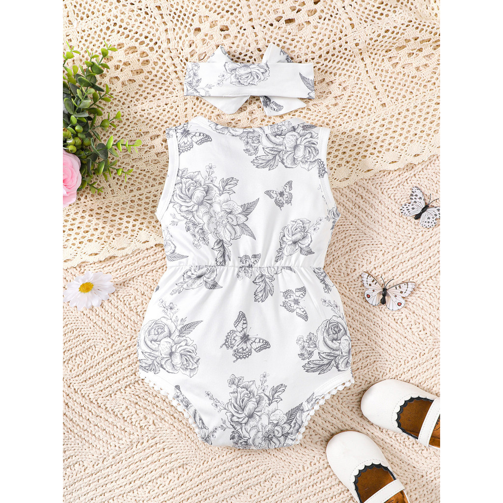 【3-24M】 2PCS Baby Girl Outfit: Floral Print Sleeveless Romper with Pom Pom Trim + Matching Headband – Cute Spring & Summer Party Set