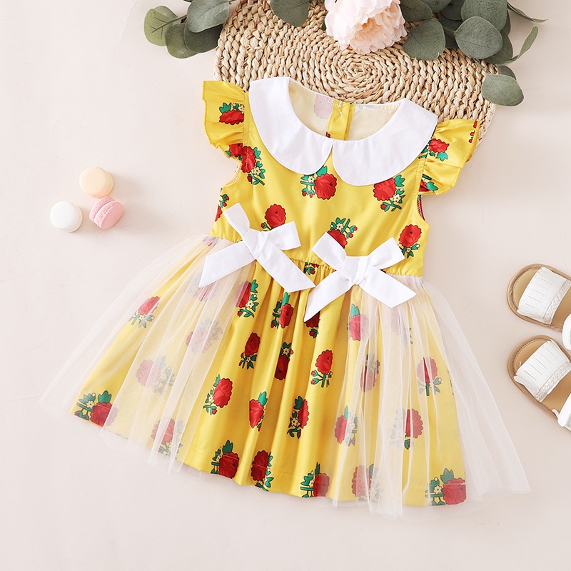 【18-6Y】 Toddler Girl Casual Dress | Yellow Rose Print Ruffle Sleeve Mesh Dress with White Bows | Sweet Summer Wear
