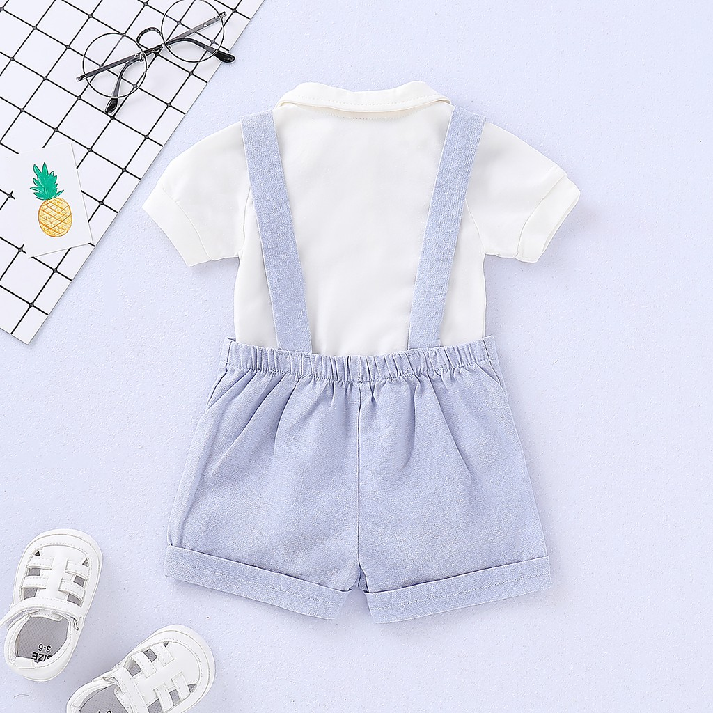 【2PCS】 0-12M Baby Boy Formal Set | White Short Sleeve Shirt + Light Blue Suspender Shorts with Bow Tie | Gentleman Party Outfit