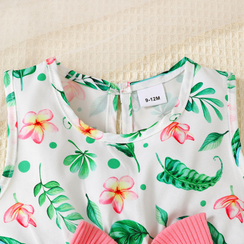 【2PCS】 6M-3Y Baby Girl Outfit | Pink Ribbed Cardigan + Tropical Floral Print Dress with Bow | Sweet Summer Set
