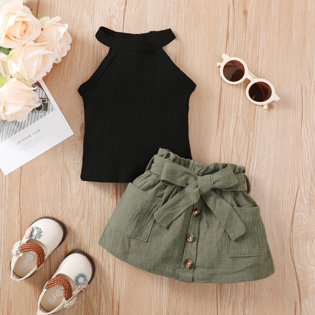 【2PCS】 3-24M Toddler Girl Casual Outfit | Black Ribbed Halter Top + Green Button Skirt with Bow Belt | Trendy Daily Wear