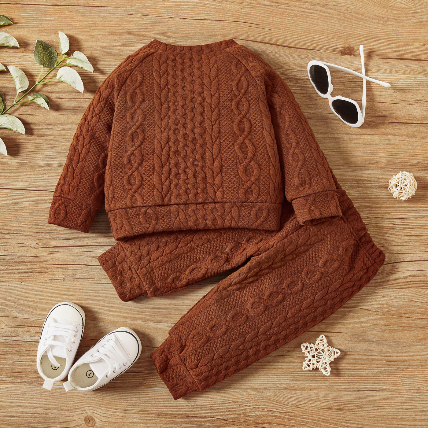 Catpapa boy |【2PCS】 0-3Y Toddler Unisex Outfit | Brown Cable Knit Texture Sweatshirt + Pants | Casual Winter Wear | Boys clothes fashions | Two piece set for kids boys | Babies dress
