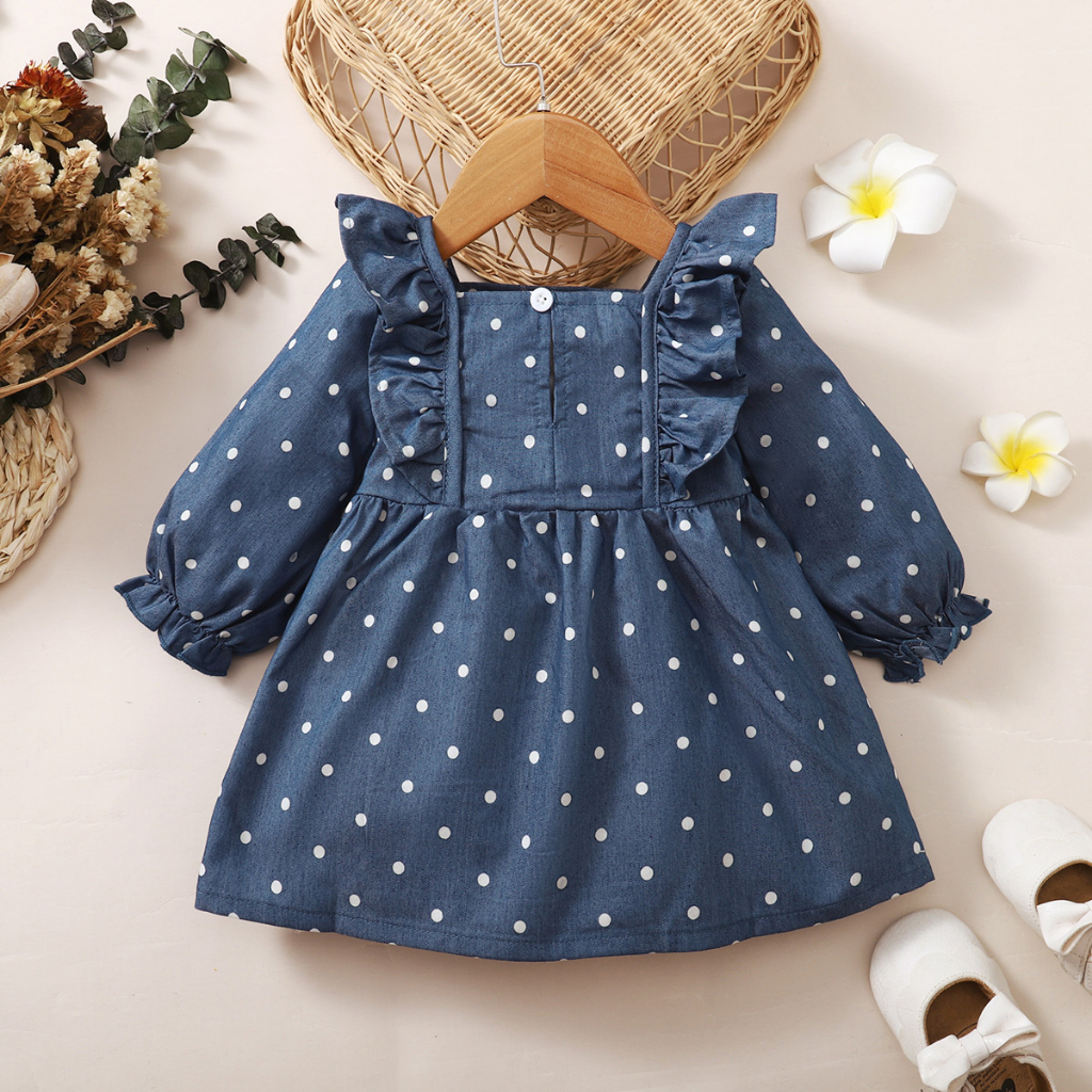 【3-24M】 Toddler Girl Casual Dress | Denim Blue Polka Dot Ruffle Long Sleeve Dress | Fashion Daily Wear