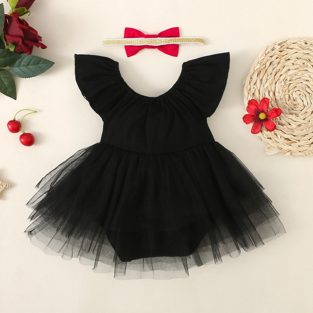 【2PCS】 0-18M Baby Girl Tutu Romper Set | Black Tulle Dress with Red Bow + Matching Headband | Birthday Party Outfit