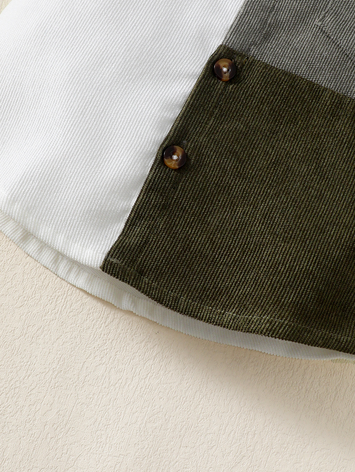 【2PCS】 1-6Y Baby Boy Clothes Set | Grey & White & Olive Color Block Corduroy Shirt + Olive Shorts | Retro Summer Wear