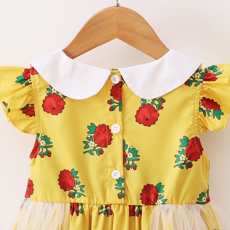 【18-6Y】 Toddler Girl Casual Dress | Yellow Rose Print Ruffle Sleeve Mesh Dress with White Bows | Sweet Summer Wear
