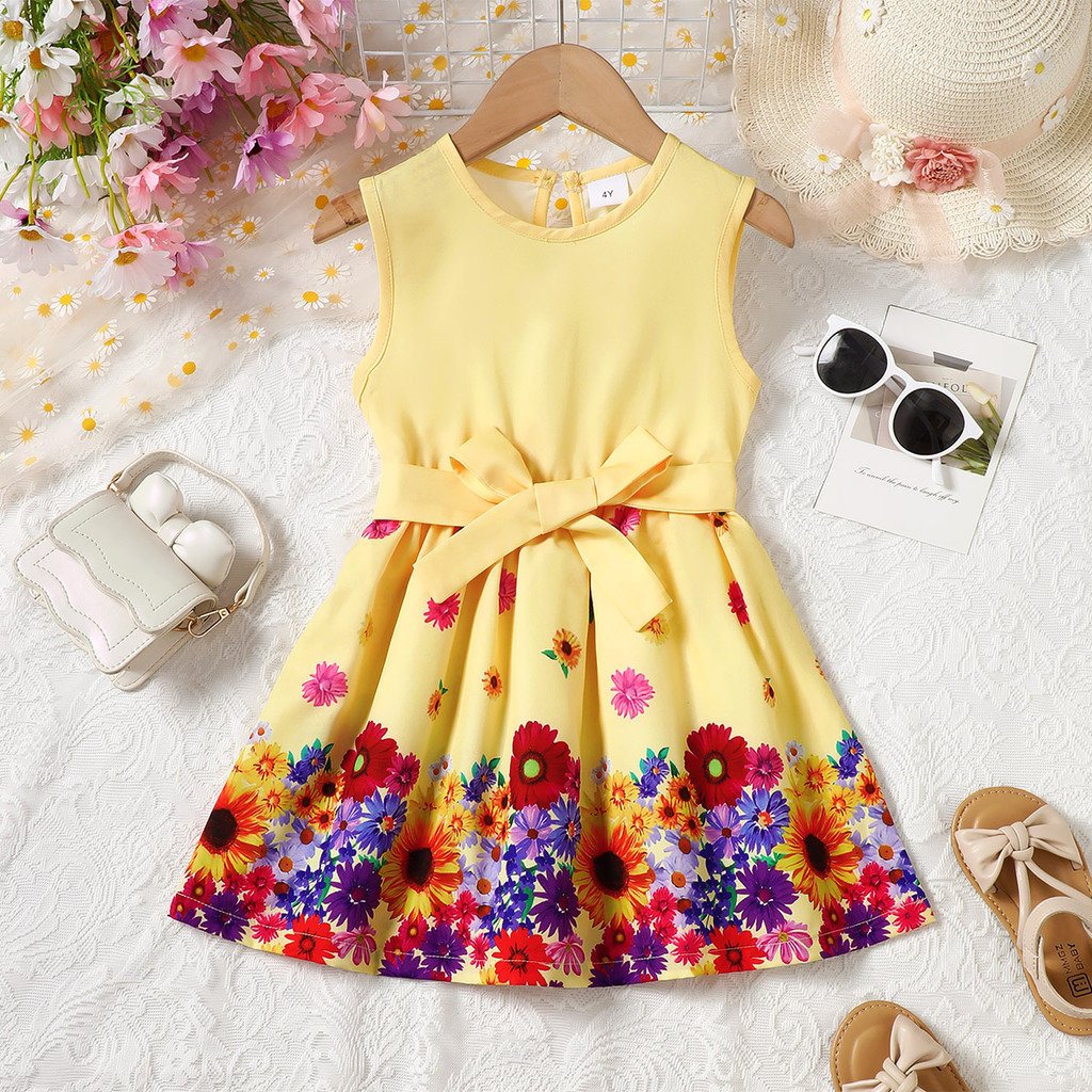 【4-7Y】 Toddler Girl Sleeveless Dress | Yellow Floral Print Dress with Bow Belt | Sweet Summer Outfit