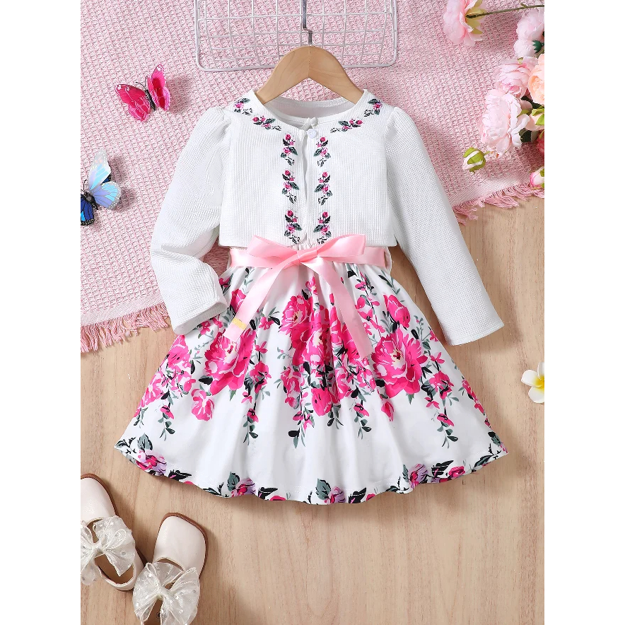 【4-7Y】 Toddler Girl Casual Dress | White Long Sleeve Embroidered Top + Rose Print Skirt with Pink Bow Belt | Sweet Daily Wear