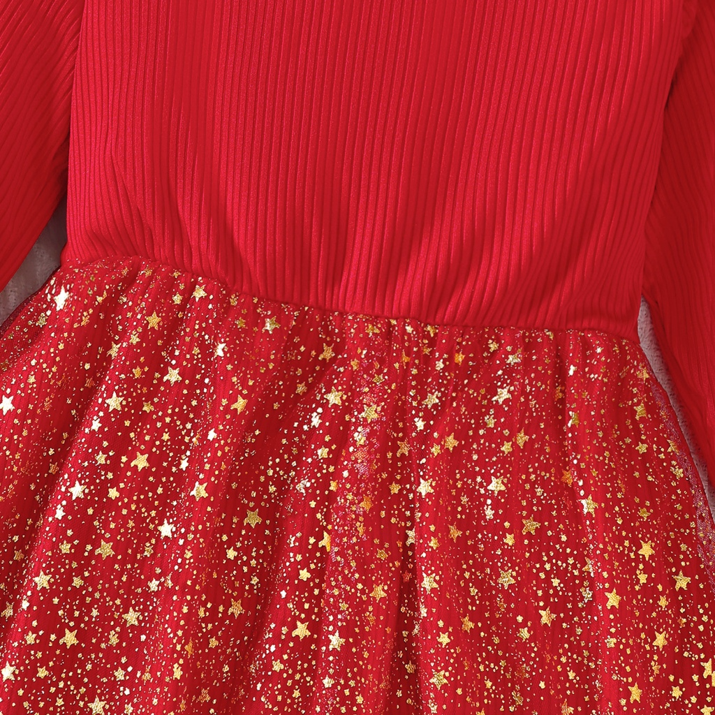 【2-6Y】 Toddler Girl Christmas Dress | Red Ribbed Long Sleeve Dress with Glitter Star Tulle Skirt | Festive Holiday Outfit