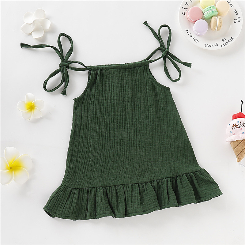 【12M-5Y】 Toddler Girl Casual Dress | Green Crinkle Halter Neck Dress with Tie Straps | Simple Summer Wear