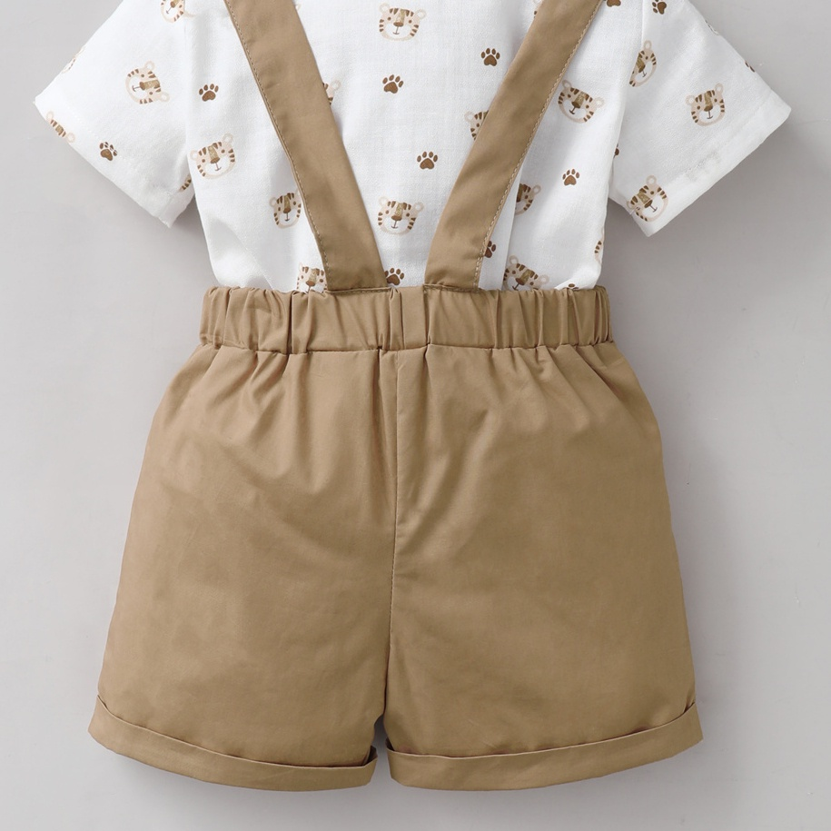 【3-24M】 2PCS Toddler Boy Outfit: Tiger Print Short-Sleeve Collared Shirt with Bow Tie + Khaki Suspender Shorts – Gentleman Style Summer Casual Set