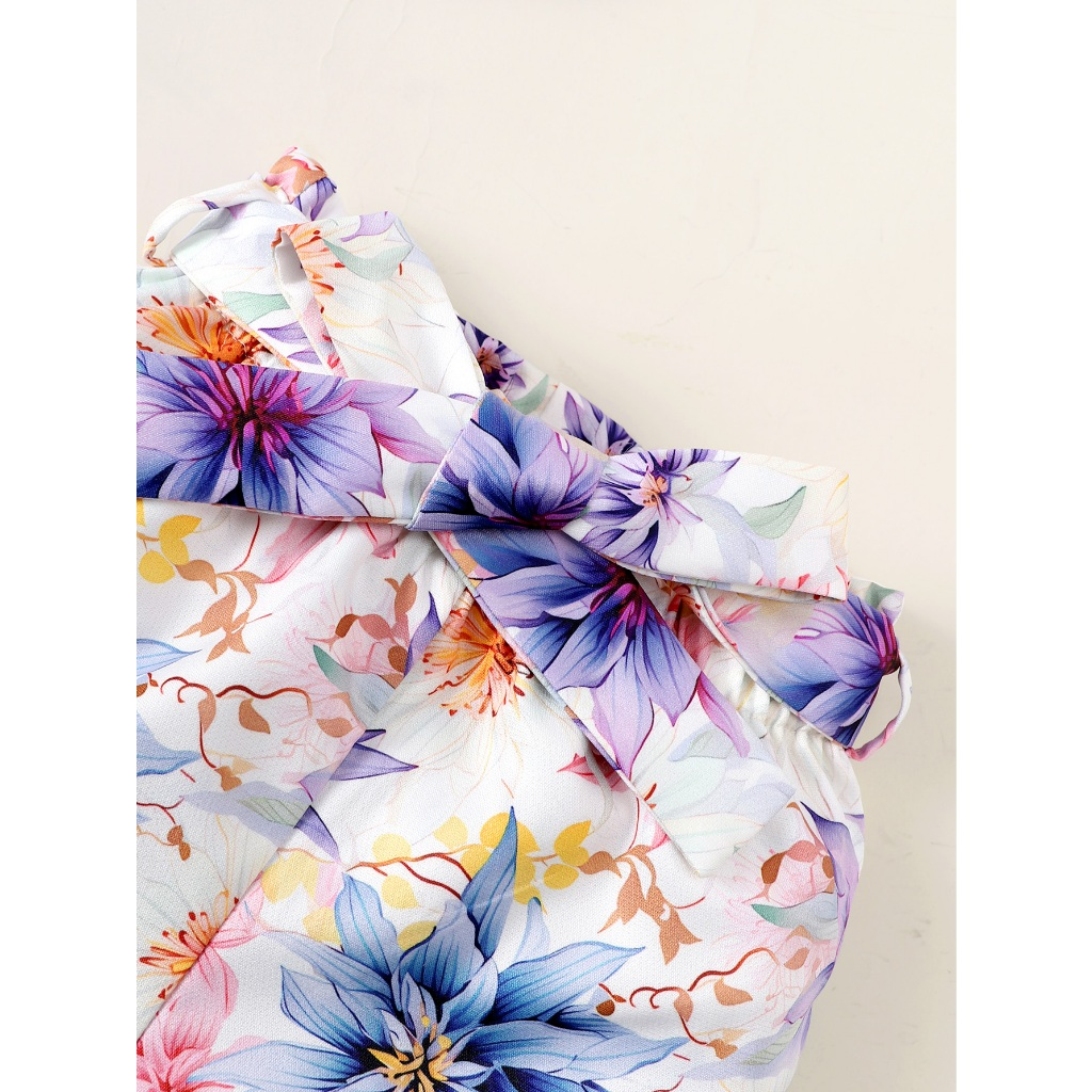 【2PCS】 4-7Y Baby Girl Summer Set | Purple Off-Shoulder Ruffle Top + Floral Print Shorts | Fashion Casual Outfit