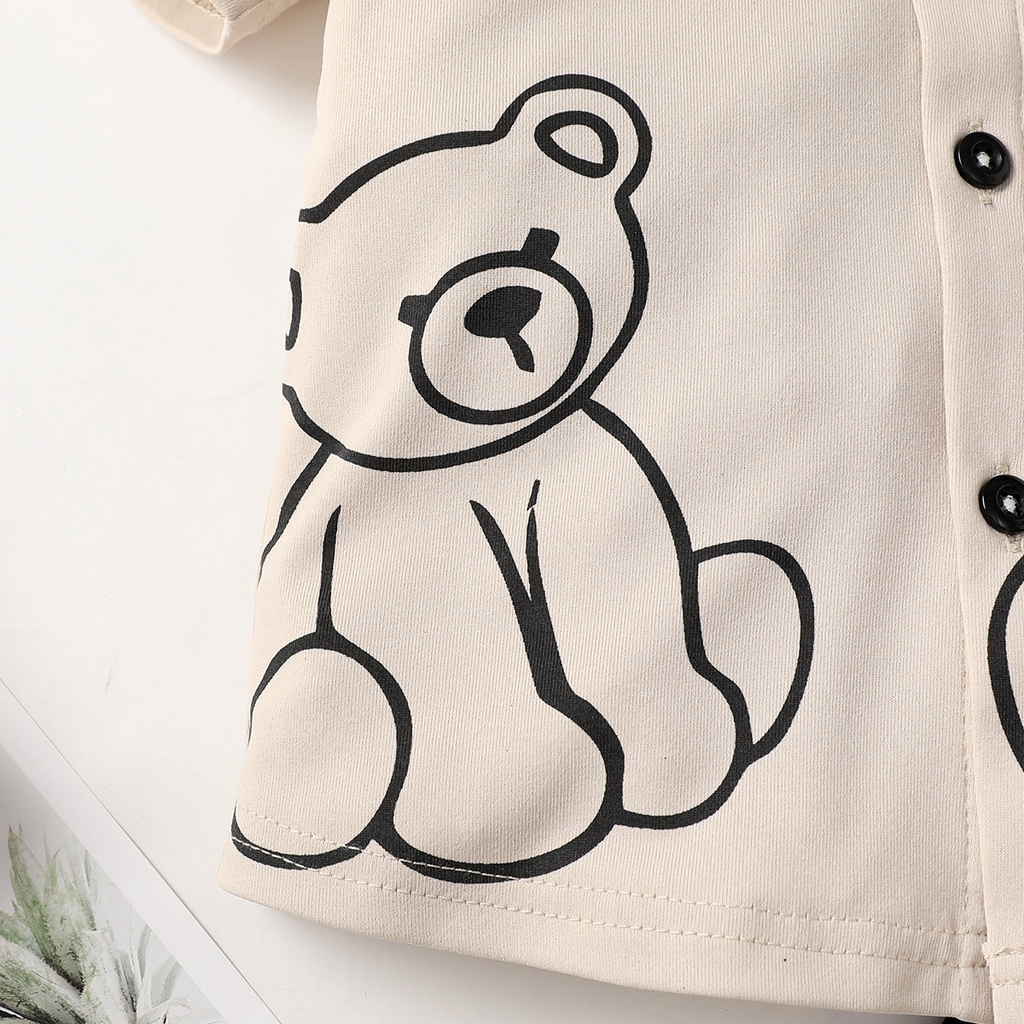 【2PCS】 1-6Y Baby Boy Casual Set | Beige Bear Print Short Sleeve Shirt + Black Shorts | Trendy Daily Outfit