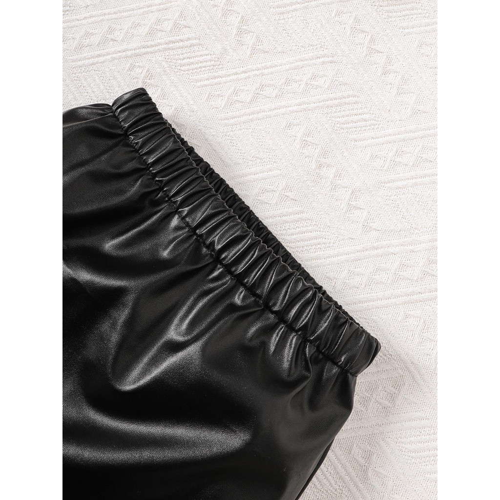 【2PCS】 2-7Y Toddler Girl Outfit | Brown Ribbed Turtleneck Tank Top + Black Faux Leather Skirt | Stylish Casual Set