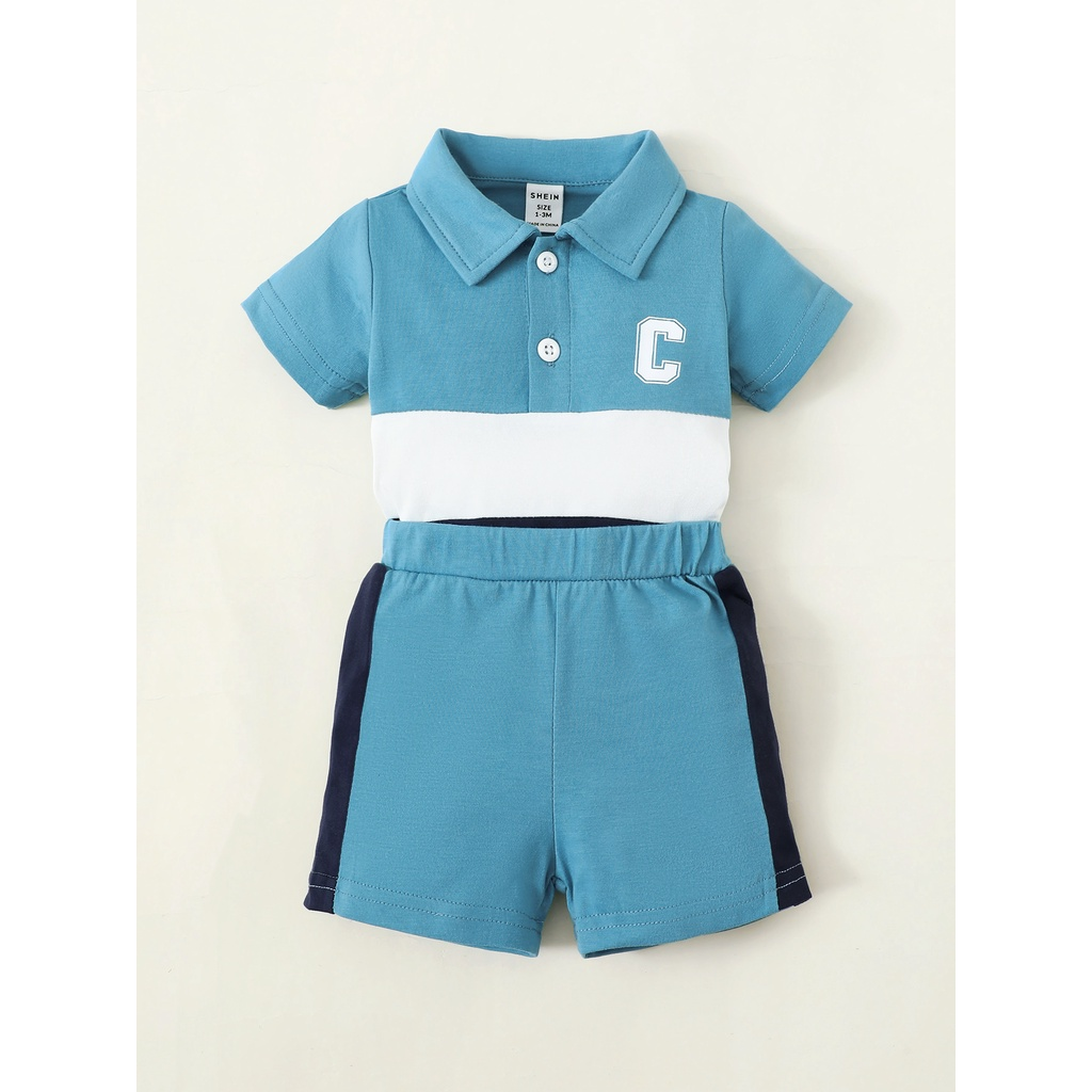 Catpapa boy |【0-9M】 2PCS Baby Boy Summer Outfit: Color-Block Polo Romper with Letter Embroidery + Matching Color-Block Shorts – Casual Set | Boys clothes fashions | BabyClothing