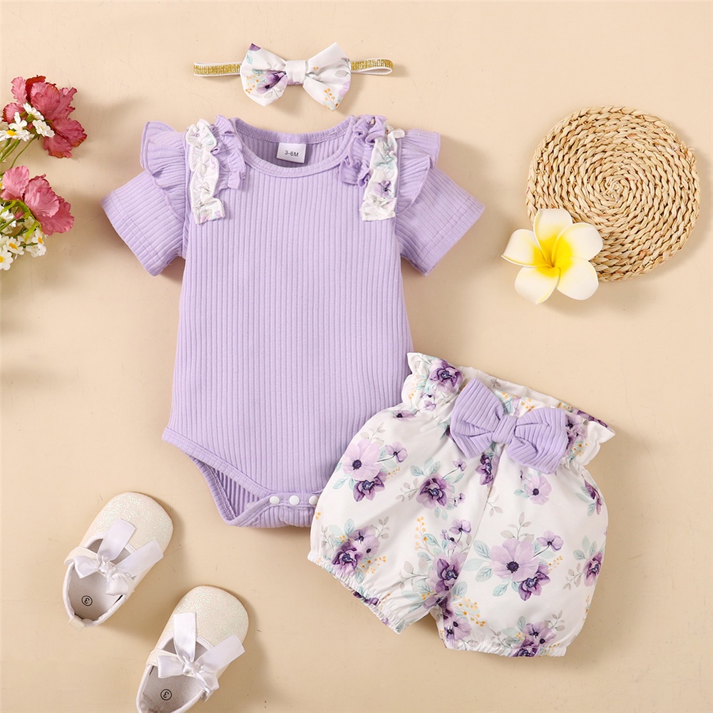 【3PCS】 0-18M Baby Girl Clothes Set | Purple Ribbed Ruffle Romper + Floral Print Shorts + Bow Headband | Sweet Casual Wear