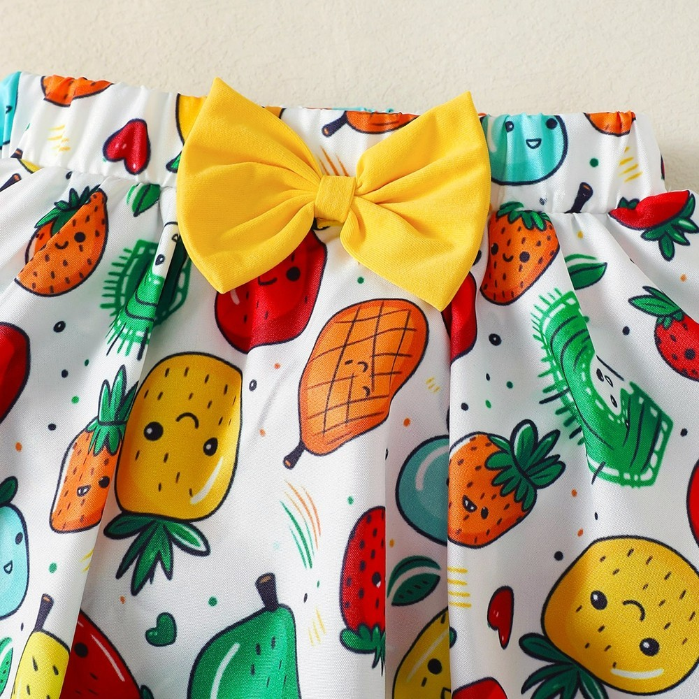 【1-9M】 3PCS Baby Girl Summer Outfit: Strawberry & Pineapple Print Ruffle-Sleeve Bodysuit + Fruit Print Skirt with Bow + Matching Headband – Cute Party Set