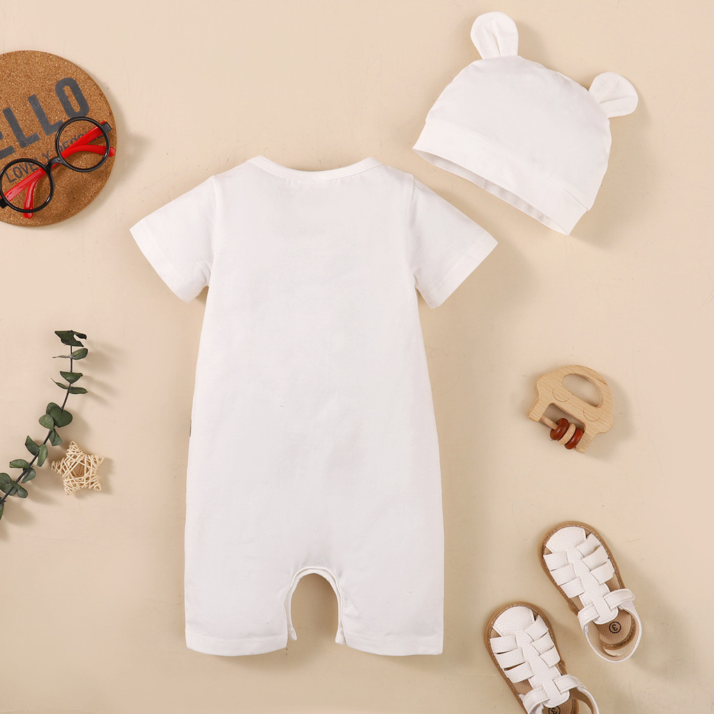 【0-18M】 2PCS Baby Boy Summer Romper Set | Trendy Sling Bag Print Short Sleeve Jumpsuit with Bear Ear Hat | Cute Casual Newborn Outfit