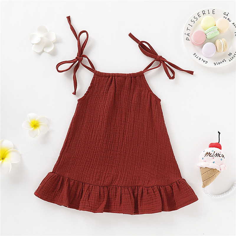 【12M-5Y】 Toddler Girl Casual Dress | Red Crinkle Halter Neck Dress with Ruffle Hem | Summer Beach Wear