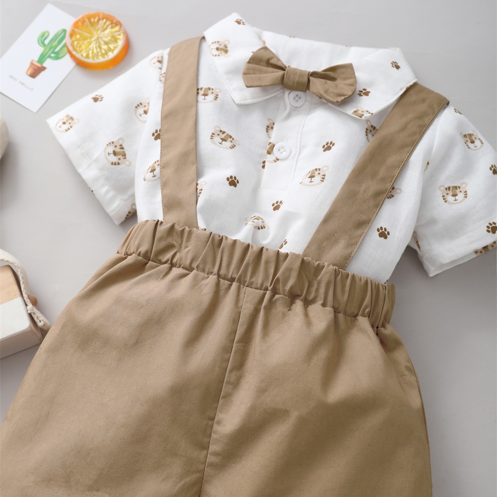 【3-24M】 2PCS Toddler Boy Outfit: Tiger Print Short-Sleeve Collared Shirt with Bow Tie + Khaki Suspender Shorts – Gentleman Style Summer Casual Set