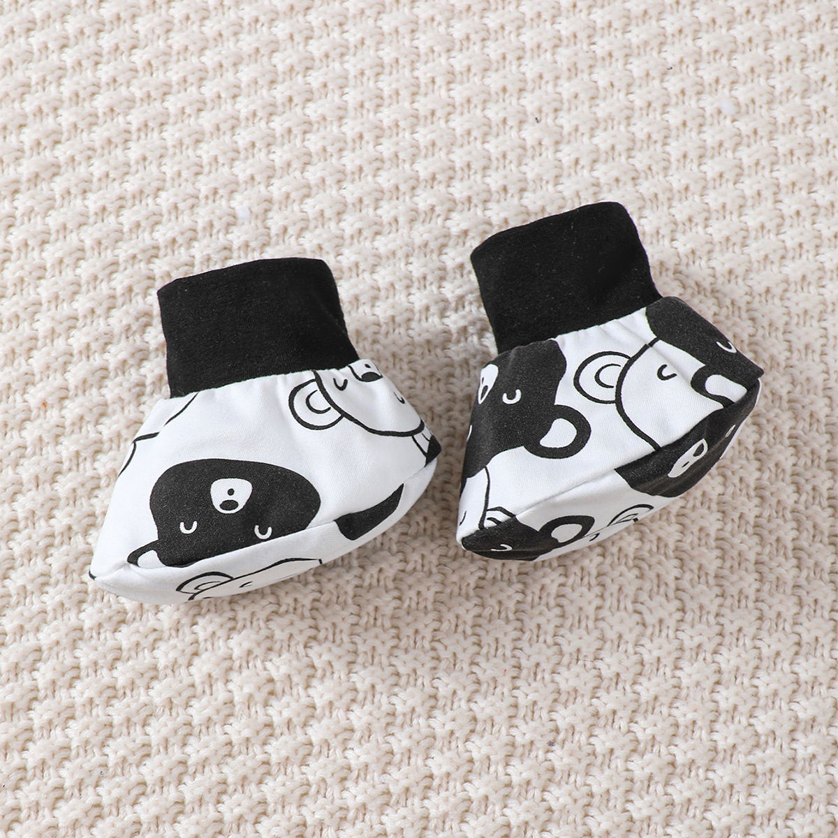 【4PCS】 0-9M Baby Boy Set | Black & White Bear Print Bodysuit + Black Pants + Matching Ear Hat + Booties | Adorable Casual Outfit