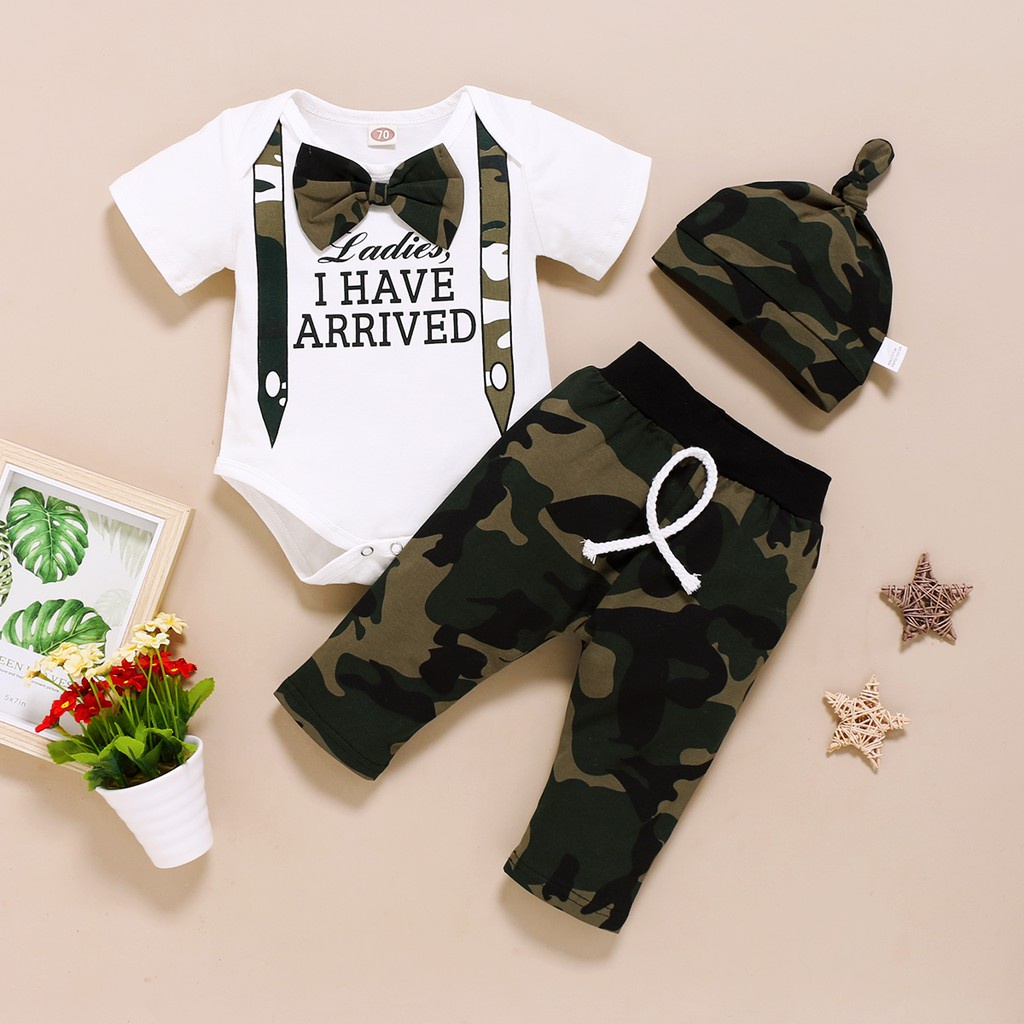 【3PCS】 0-18M Baby Boy Formal Set | "Ladies I Have Arrived" Letters Print Romper + Camouflage Pants + Matching Hat | Party Casual Wear