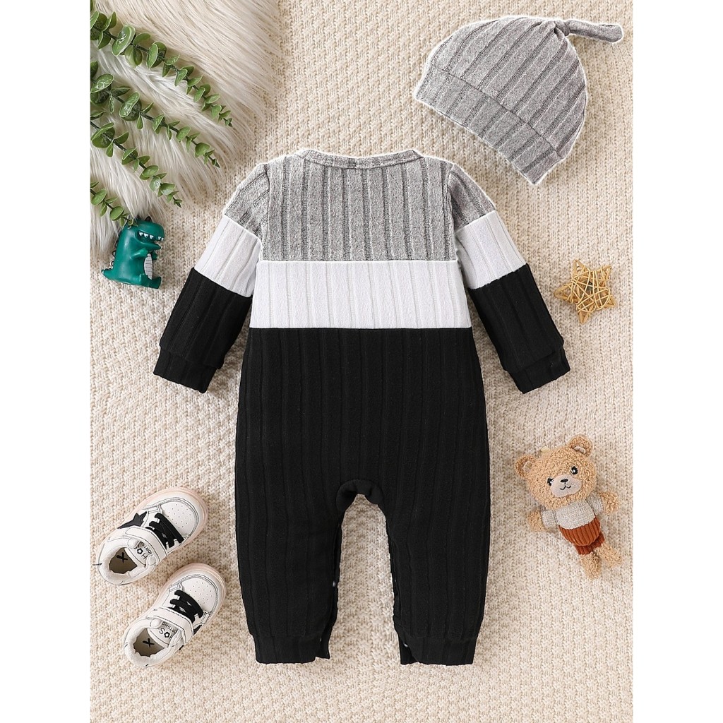 Catpapa boy |【2PCS】 0-18M Unisex Baby Clothes Set | Grey-White-Black Color Block Ribbed Romper + Matching Knit Hat | Comfortable Daily Wear | Babies dress | Boys clothes fashions