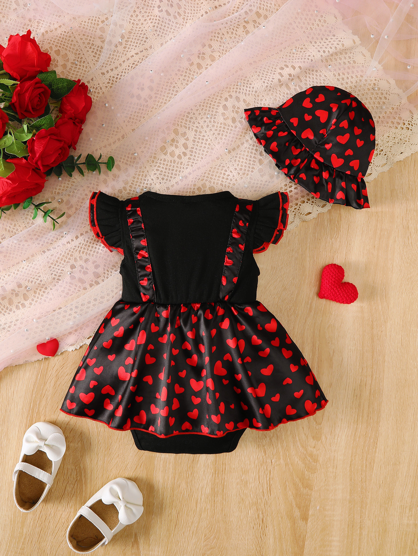 【2PCS】 3-24M Baby Girl Romper Set | Red Heart Print Black Romper Dress + Matching Sun Hat with Bow | Adorable Summer Outfit
