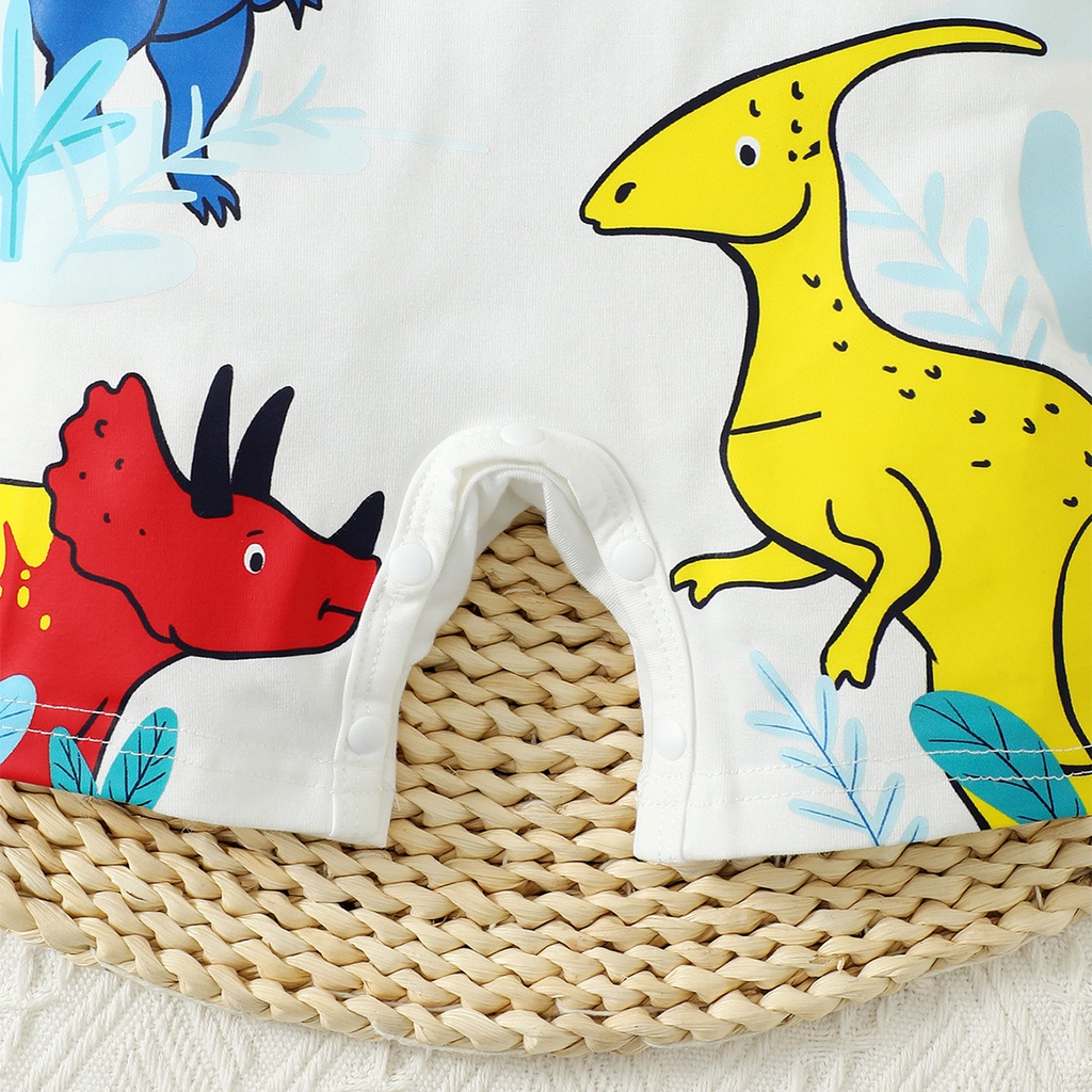 【0-18M】 Baby Boy Dinosaur Romper | Cartoon Dinosaur Print Short Sleeve Jumpsuit | Soft Cotton Casual Summer Wear