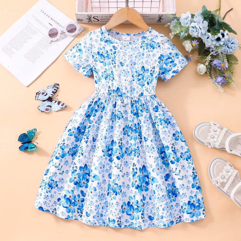 【2-7Y】 Toddler Girl Casual Dress | Blue Floral Print Short Sleeve A-Line Dress | Sweet Summer Wear