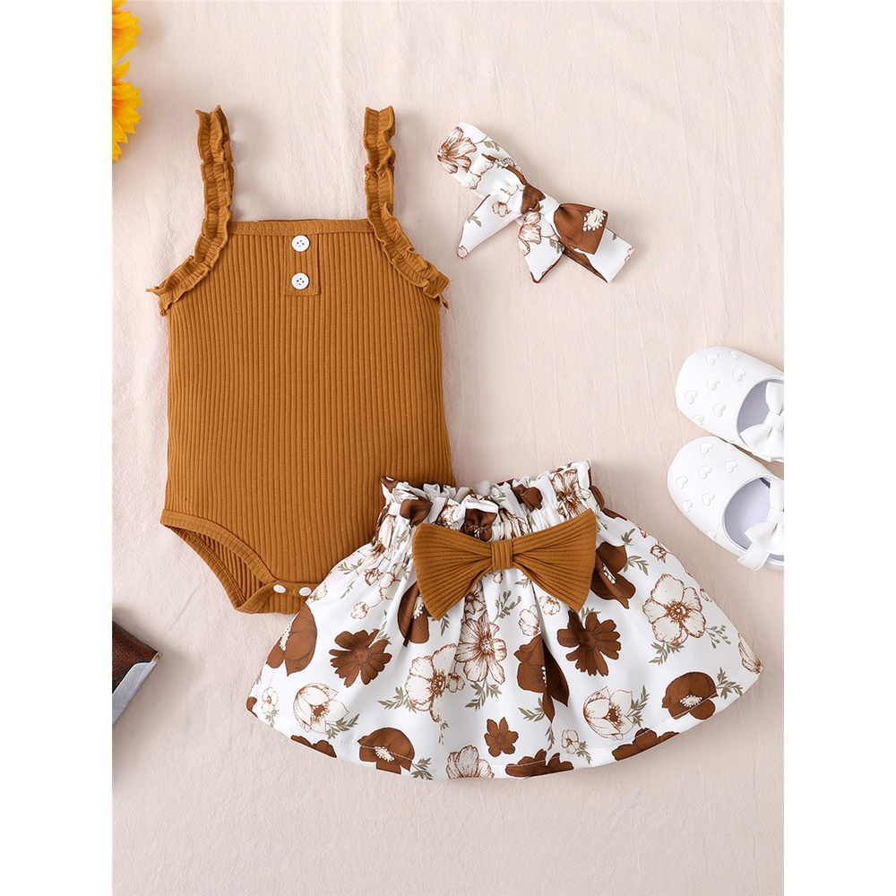 【3PCS】 0-18M Baby Girl Outfit | Brown Ribbed Cami Romper + Floral Skirt + Matching Headband | Cute Summer Set