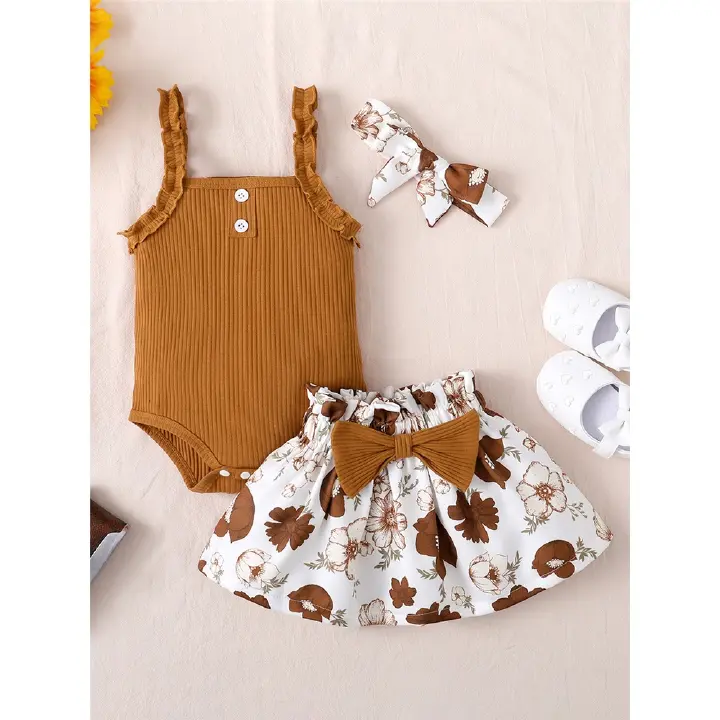 Catpapa girl |【3PCS】 0-18M Baby Girl Outfit | Brown Ribbed Cami Romper + Floral Skirt + Matching Headband | Cute Summer Set | Baby girls clothes sets outfits | BabyFashion | BabySuit