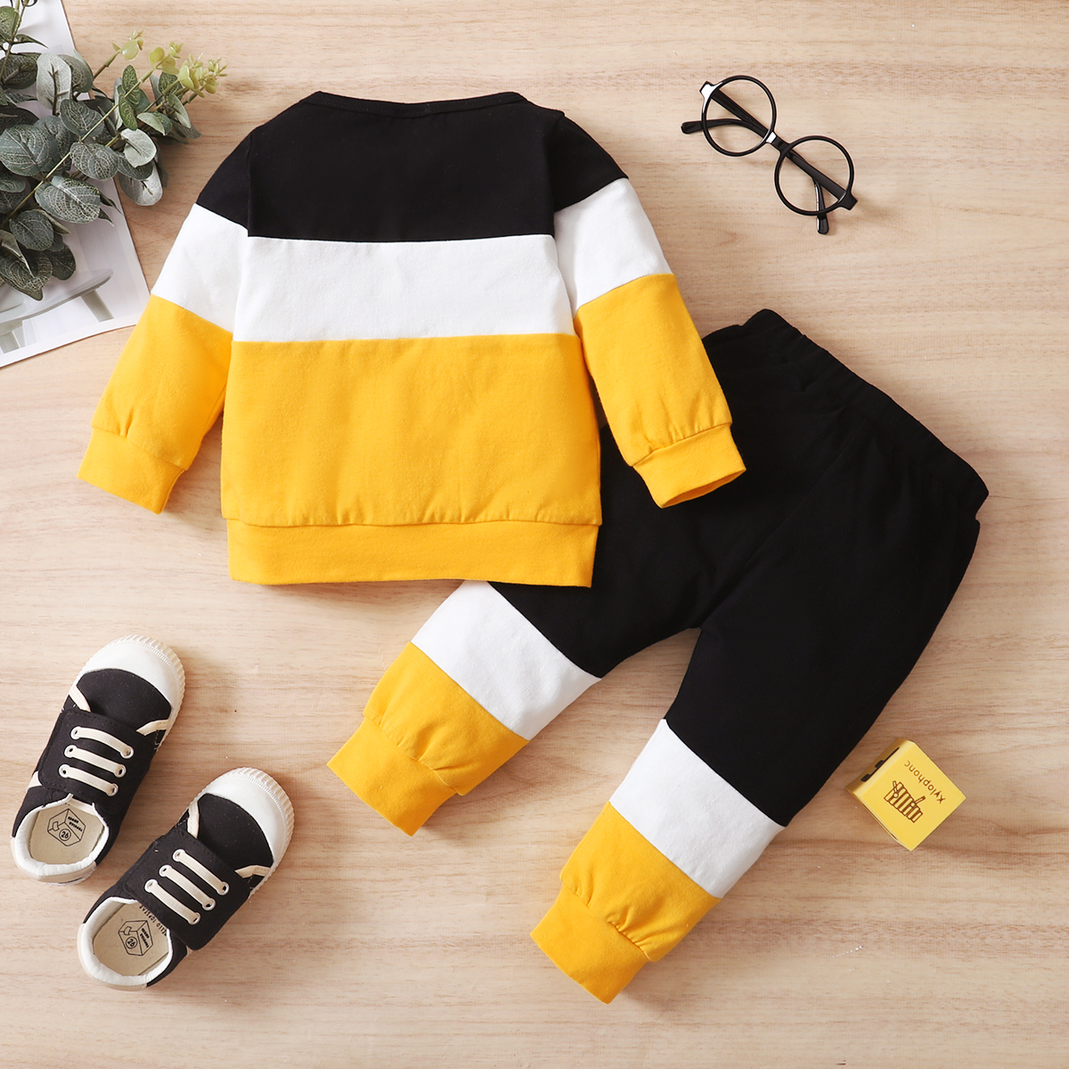 0-4Y Boys' Color Block "HAPPY EVERY DAY" Sweatshirt & Pants Set | Soft Cotton Two-Piece Outfit, for Daily Wear & Playtime, Toddler Boys
