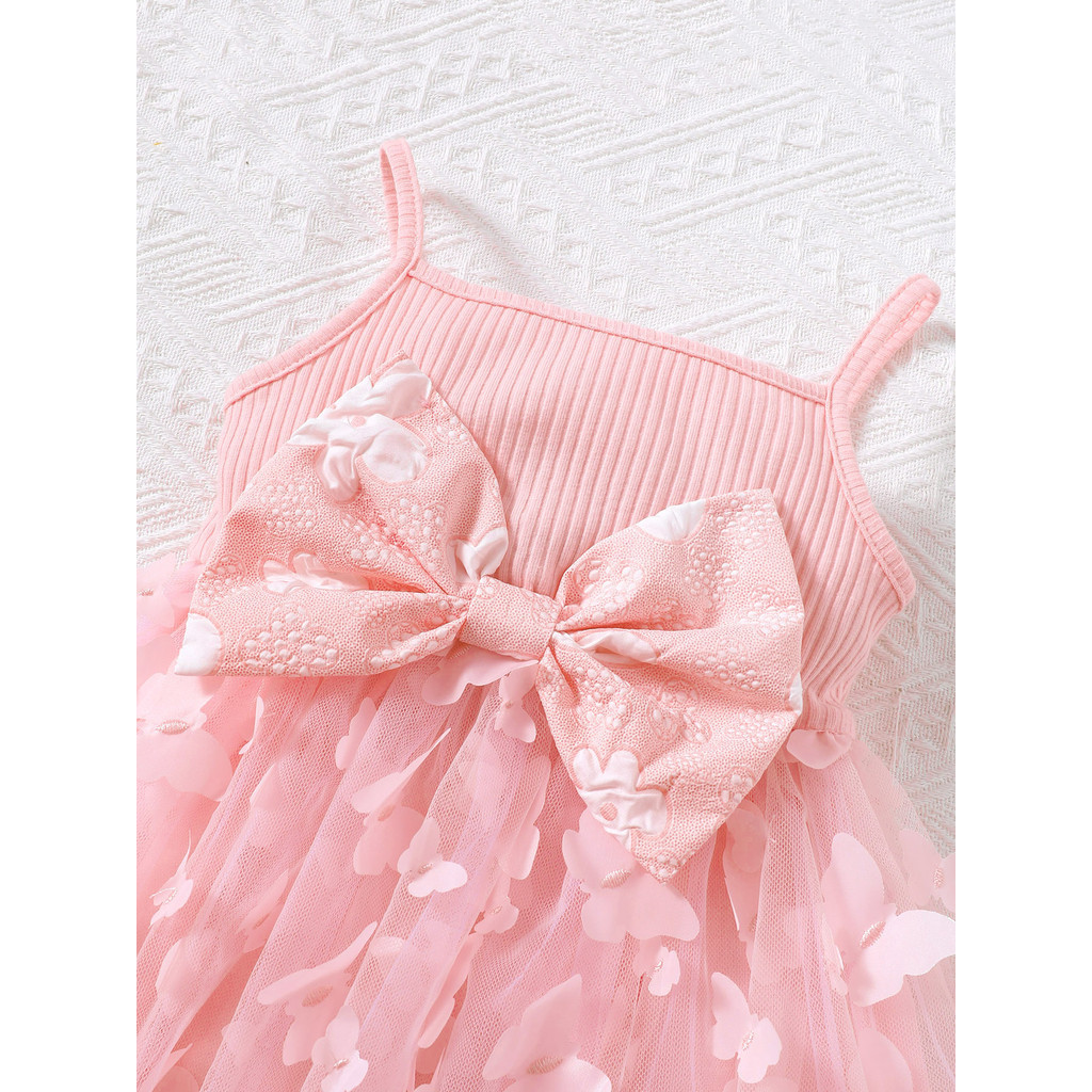【3PCS】 6M-3Y Toddler Girl Outfit | Pink Butterfly Applique Dress + Matching Short Cardigan + Bow Headband | Sweet Princess Set