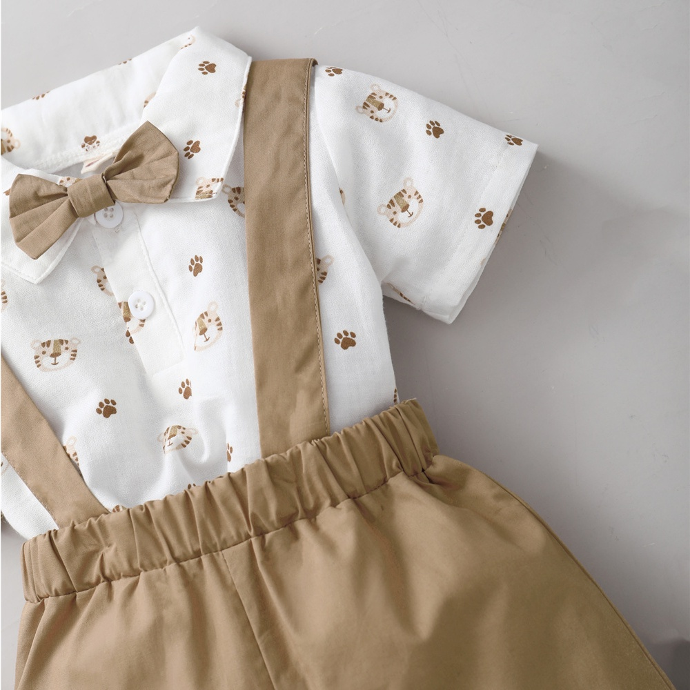 【3-24M】 2PCS Toddler Boy Outfit: Tiger Print Short-Sleeve Collared Shirt with Bow Tie + Khaki Suspender Shorts – Gentleman Style Summer Casual Set