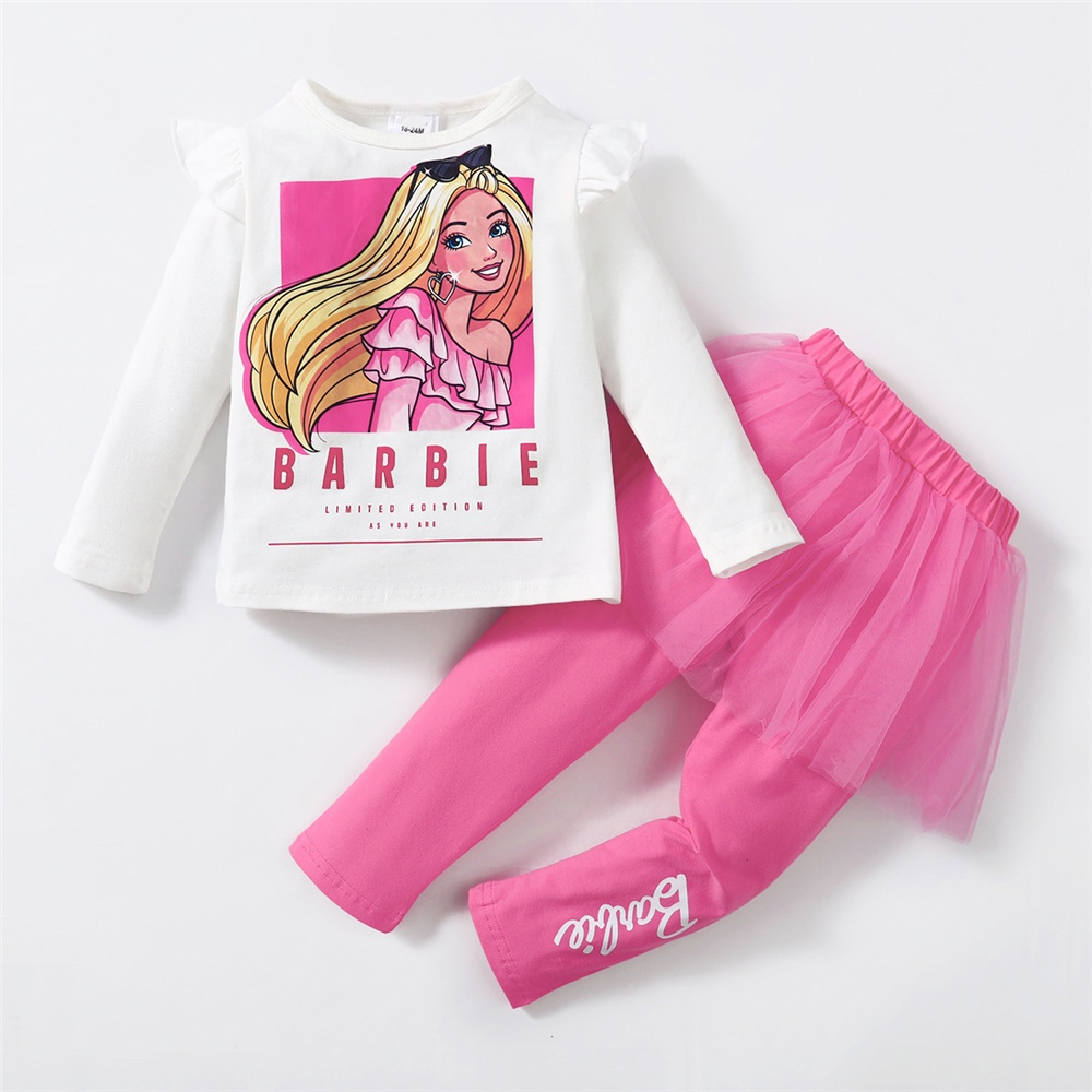 【2PCS】 18M-6Y Toddler Girl Barbie Outfit | White Ruffle Sleeve Barbie Print Top + Pink Mesh Overlay Leggings | Fashion Casual Wear